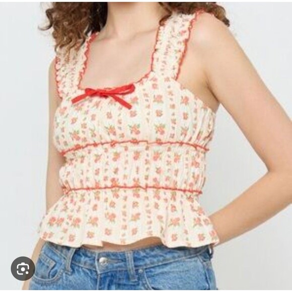 Coquette Floral Ruffle Peplum Top Bow Milkmaid Cottagecore Romantic Feminine L - Picture 1 of 10